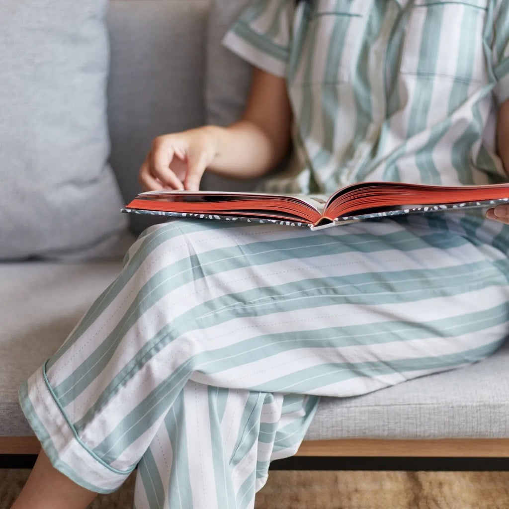 Matcha Stripes Braless Cotton Satin Pants Set – Short Sleeves, Versatile for Loungewear & Daywear-image5