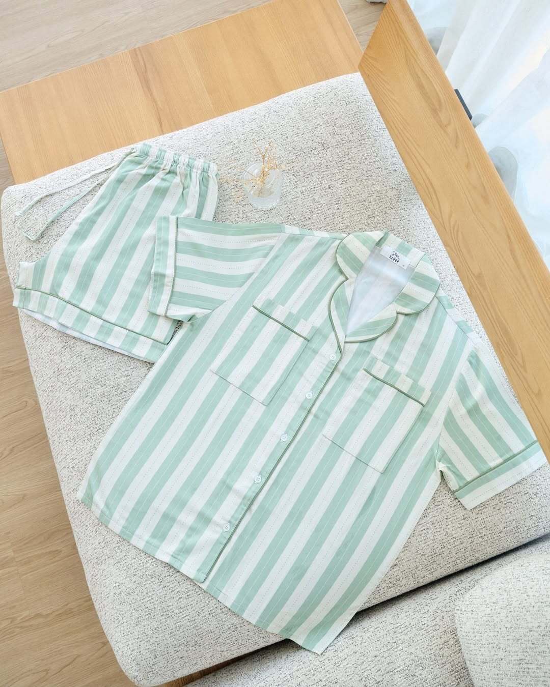 Matcha Stripes Braless Cotton Satin Shorts Set – Short Sleeves, Versatile for Loungewear & Daywear-image2