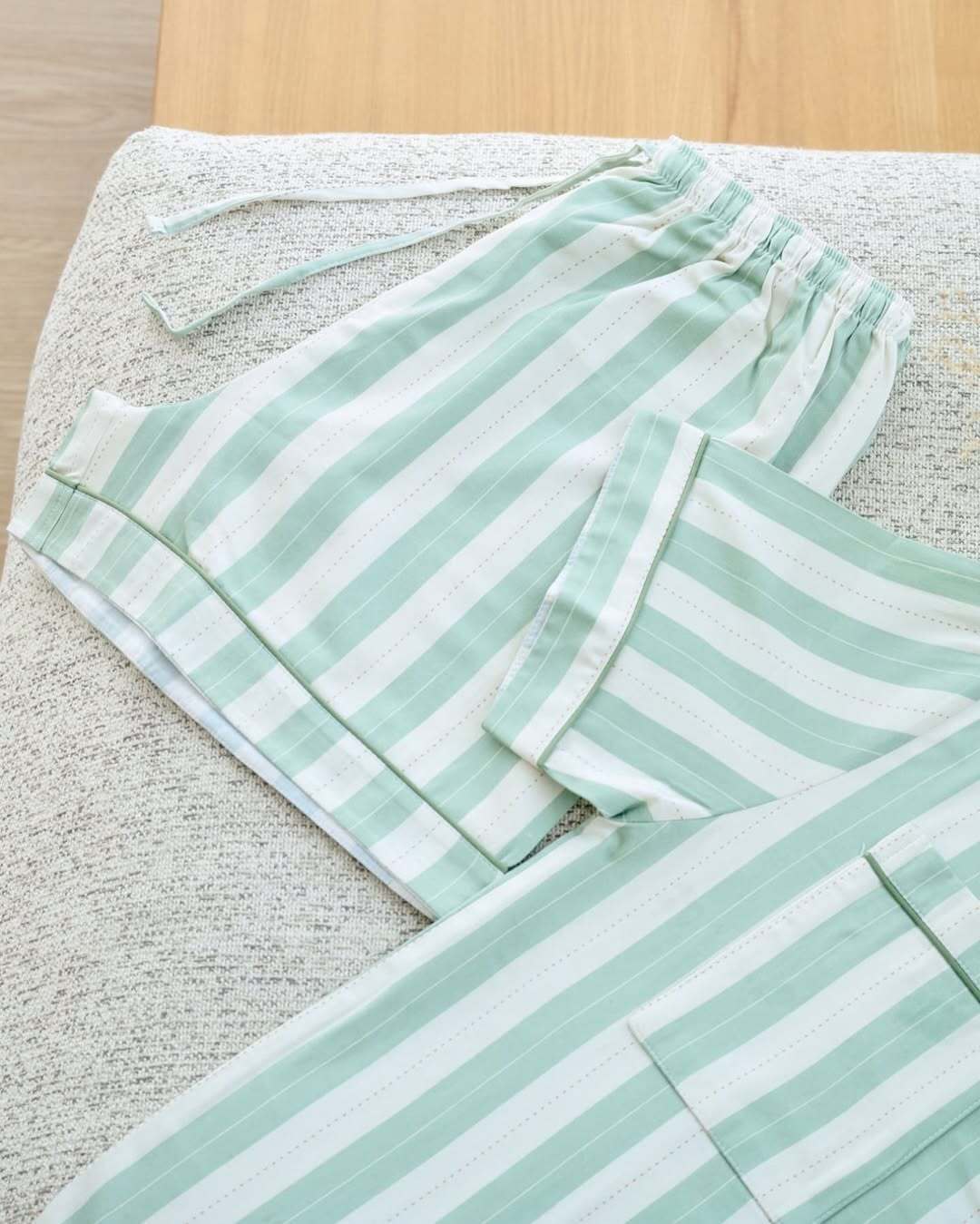 Matcha Stripes Braless Cotton Satin Shorts Set – Short Sleeves, Versatile for Loungewear & Daywear-image3