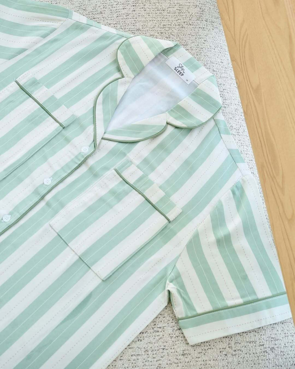 Matcha Stripes Braless Cotton Satin Shorts Set – Short Sleeves, Versatile for Loungewear & Daywear-image4
