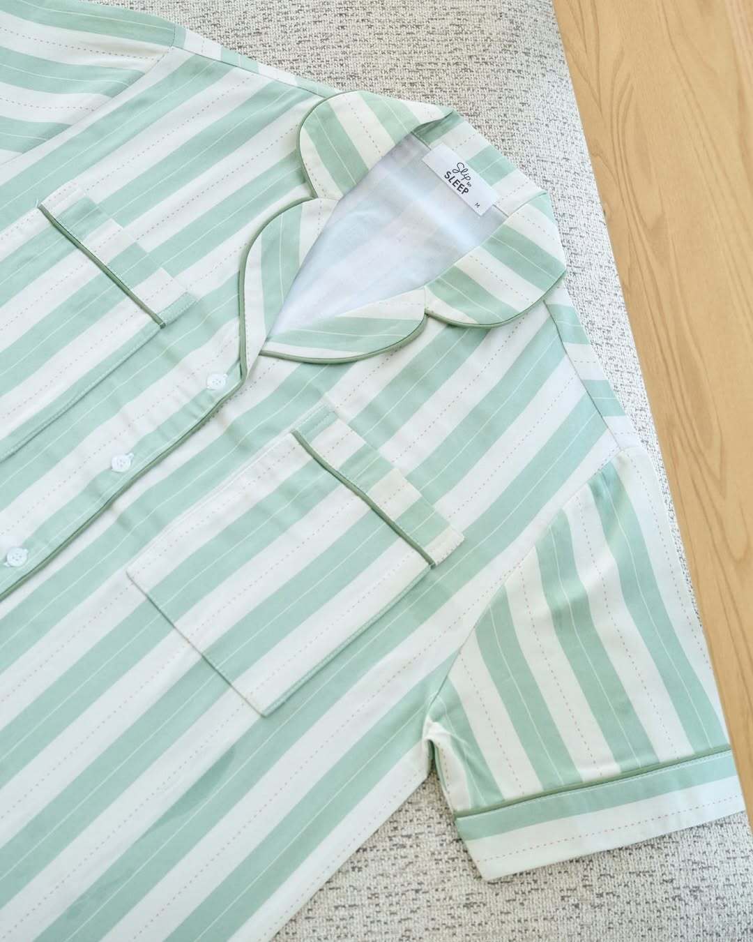 Matcha Stripes Braless Cotton Satin Shorts Set – Short Sleeves, Versatile for Loungewear & Daywear-image4