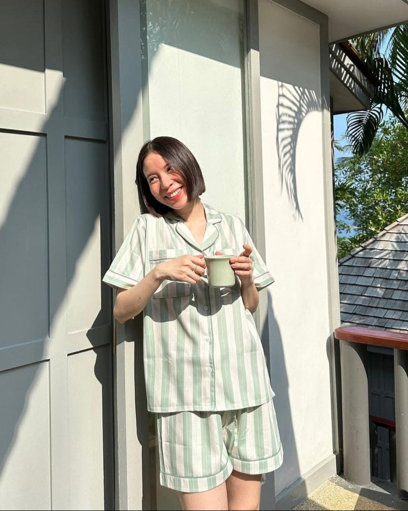 Matcha Stripes Braless Cotton Satin Shorts Set – Short Sleeves, Versatile for Loungewear & Daywear-image5