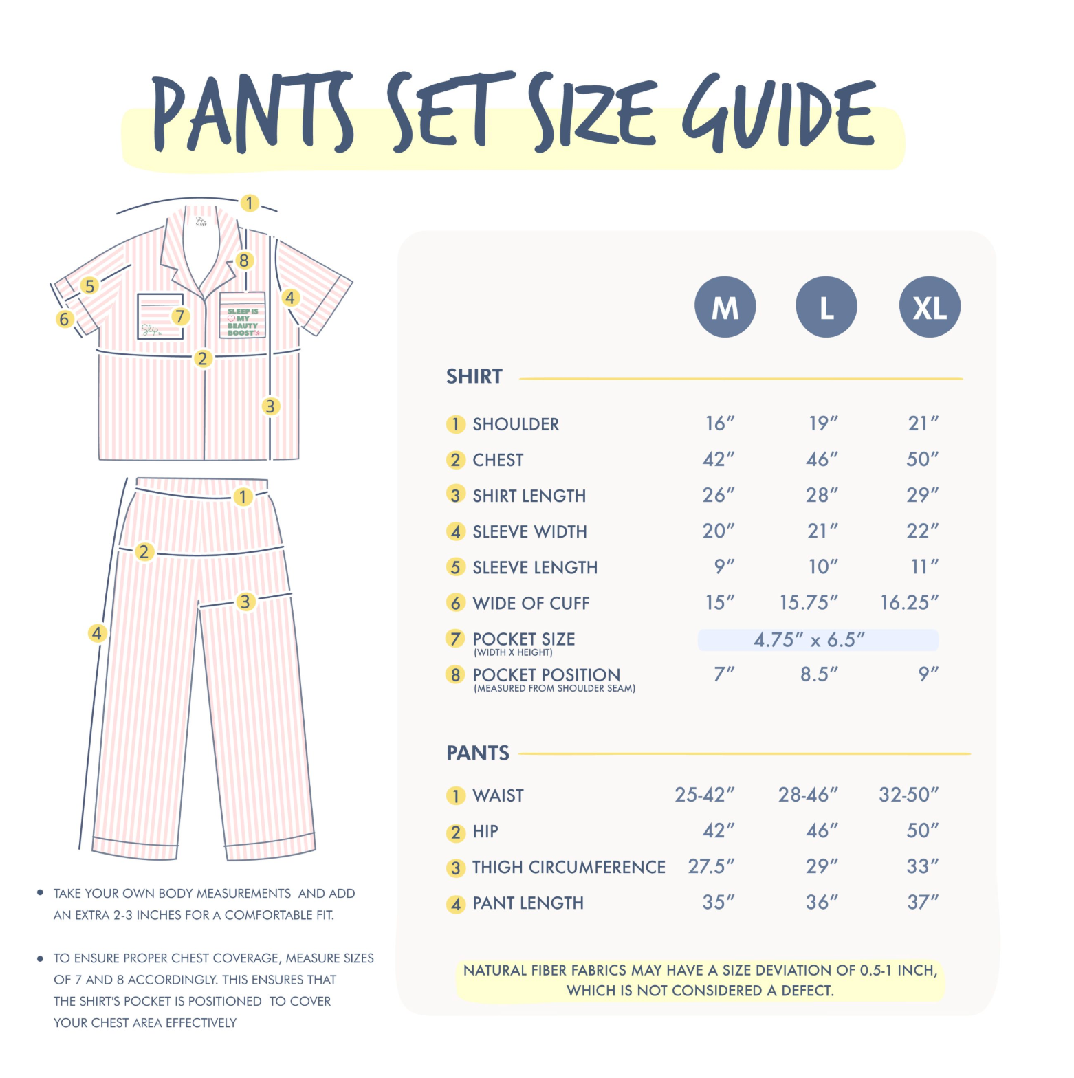 SliptoSleep Pants Set Size Guide