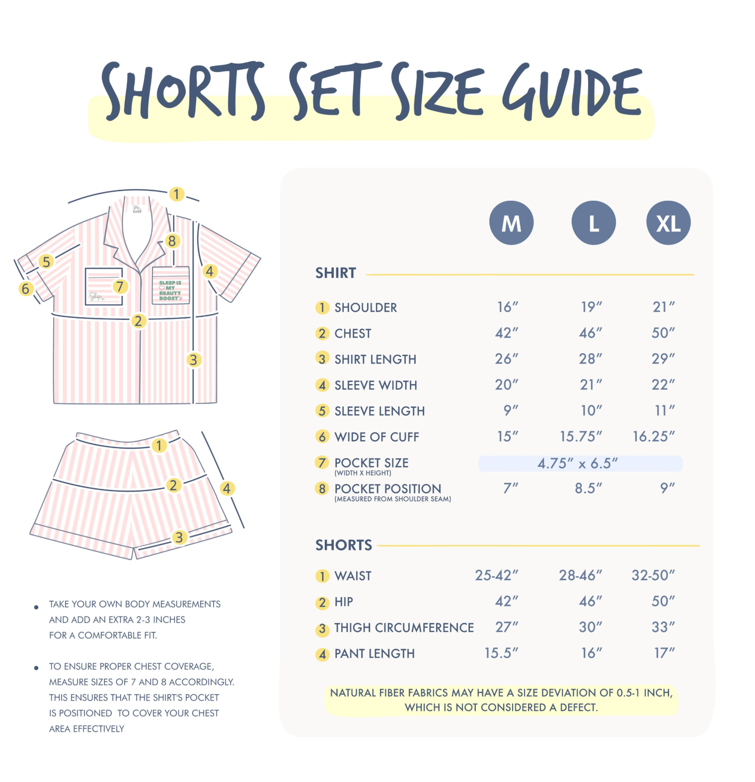 SliptoSleep Shorts Set Size Guide